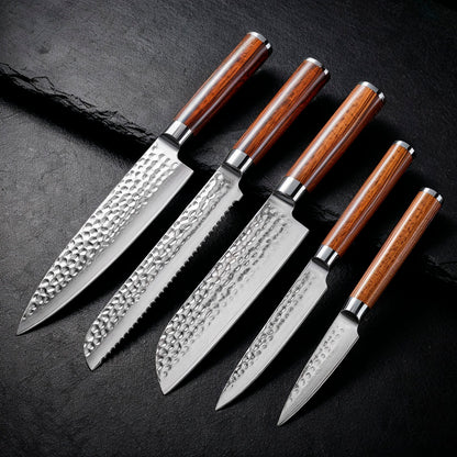 5-Piece Hammered Stainless Steel Kitchen Knife Set with Wood Handles