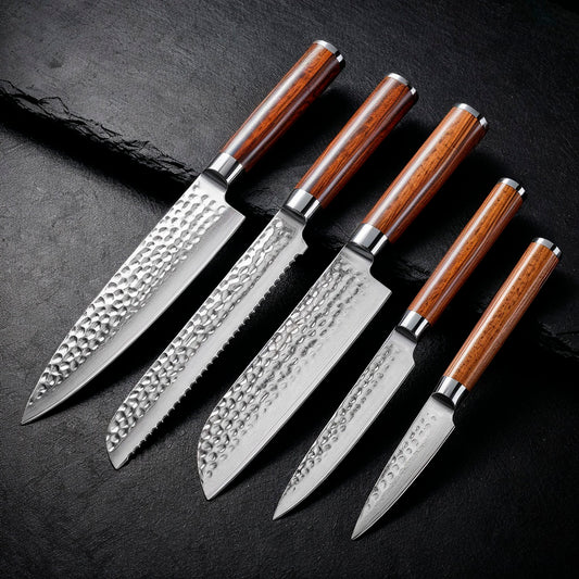 5-Piece Hammered Stainless Steel Kitchen Knife Set with Wood Handles