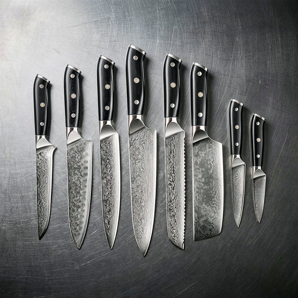 8-Piece Damascus Chef Knife Set with Black Handles VG10