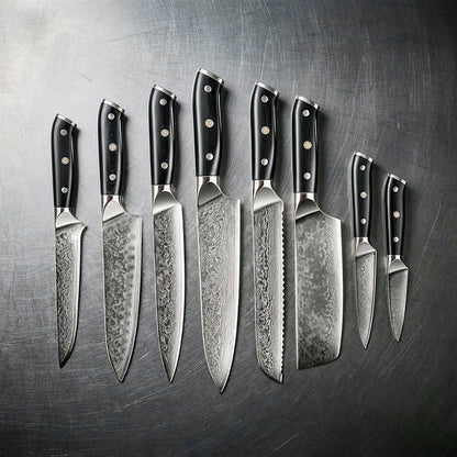 8-Piece Damascus Chef Knife Set with Black Handles VG10