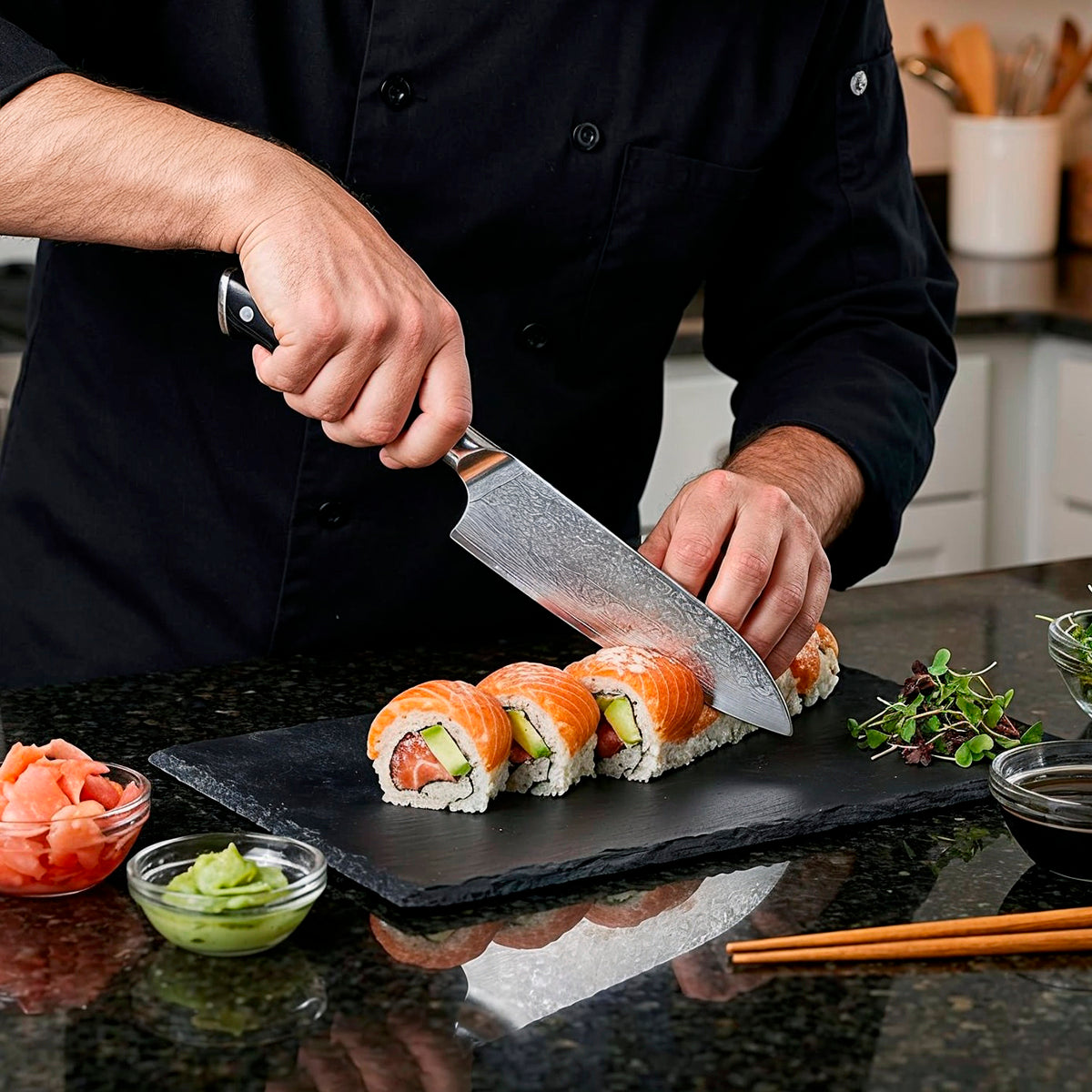 8-Piece Damascus Chef Knife Set with Black Handles VG10