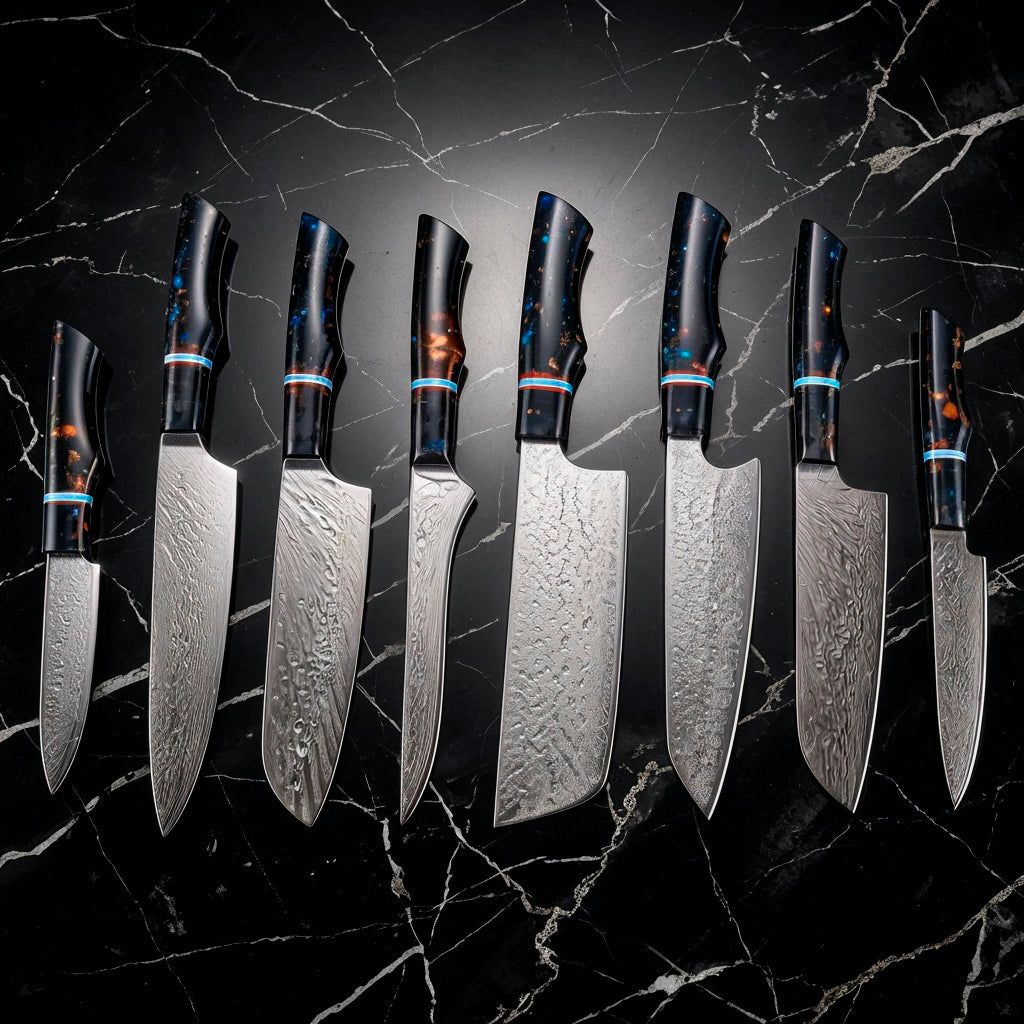 8-Piece Damascus Chef Knife Set VG10 with Black Speckled Resin Handles