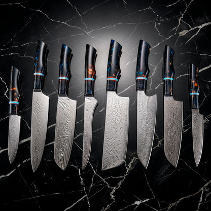 8-Piece Damascus Chef Knife Set VG10 with Black Speckled Resin Handles