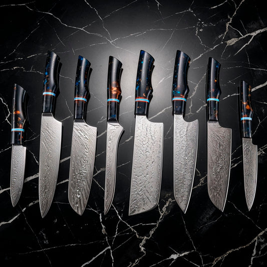 8-Piece Damascus Chef Knife Set VG10 with Black Speckled Resin Handles