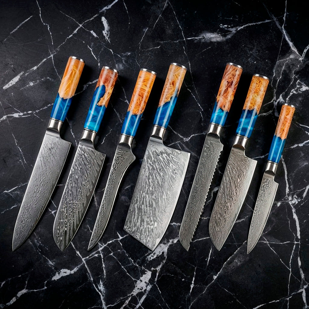 VG10 Steel Damascus Chef Knife Set with Blue Handles