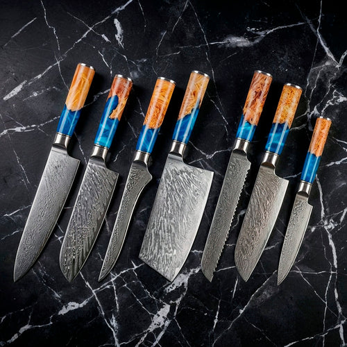 VG10 Steel Damascus Chef Knife Set with Blue Handles