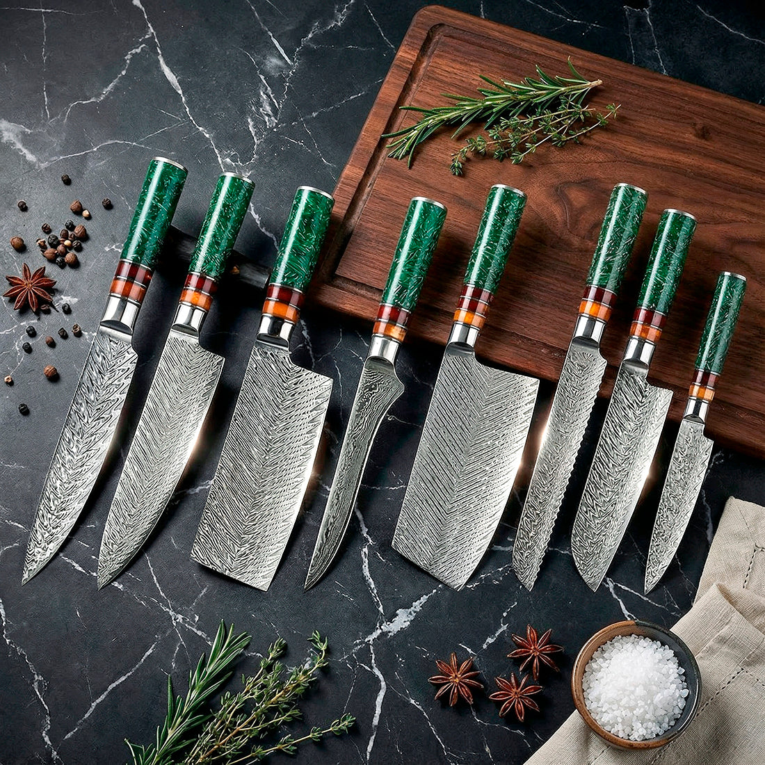 VG10 Steel 8-Piece Damascus Chef Knife Set with Green Handles