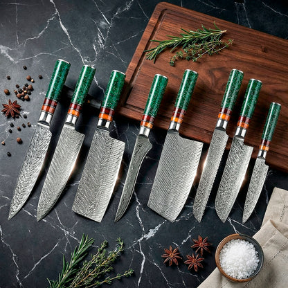 VG10 Steel 8-Piece Damascus Chef Knife Set with Green Handles