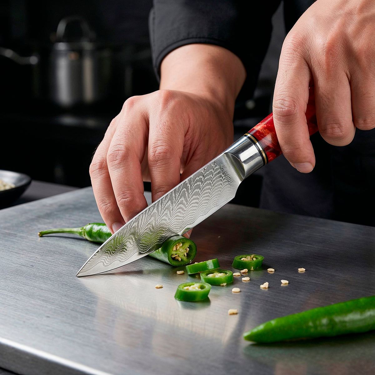 9-Piece Damascus Chef Knife Set with Red Handles VG10