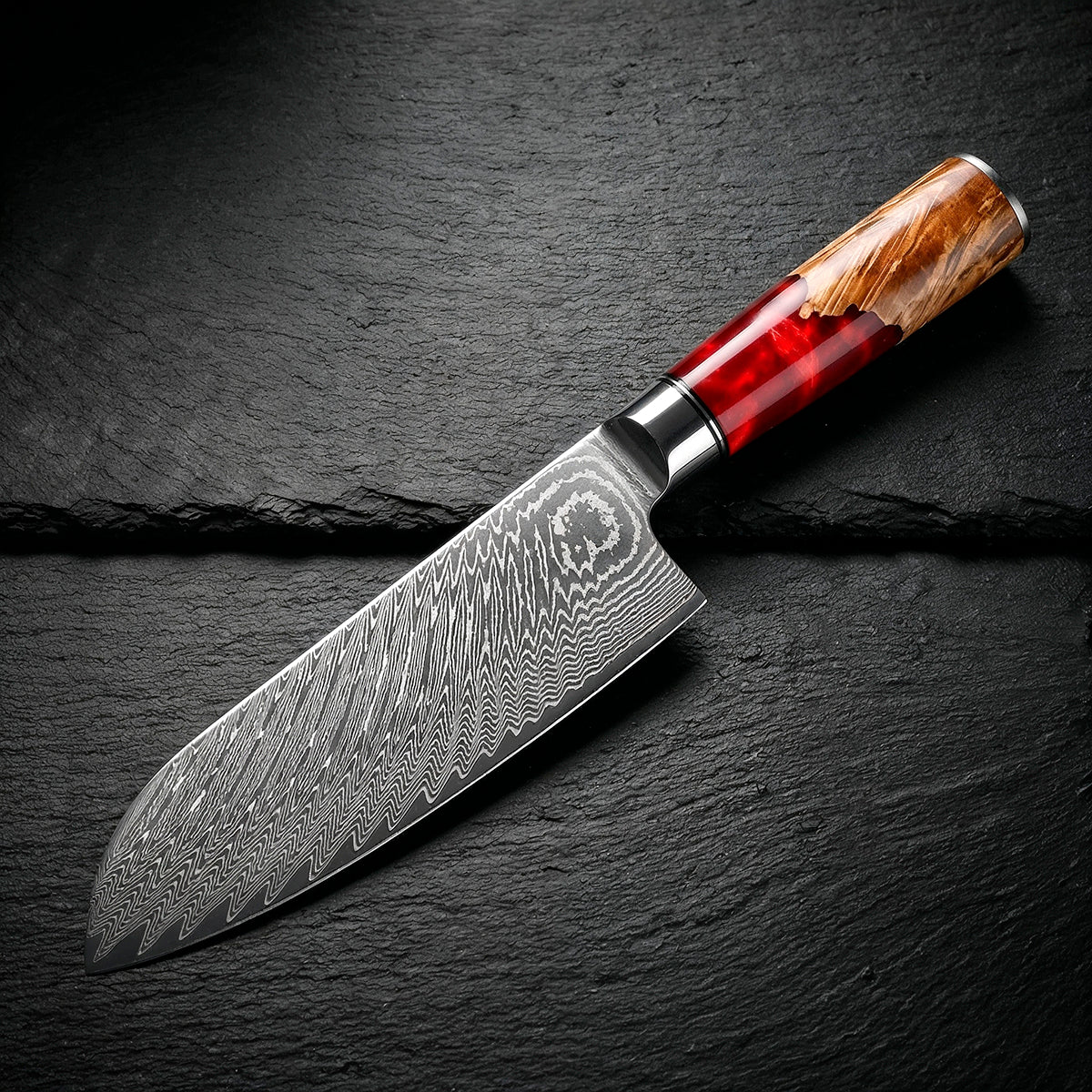 9-Piece Damascus Chef Knife Set with Red Handles VG10