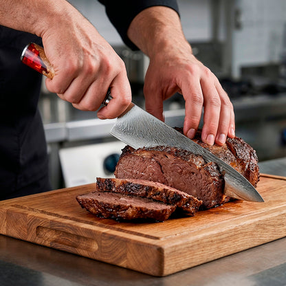 9-Piece Damascus Chef Knife Set with Red Handles VG10