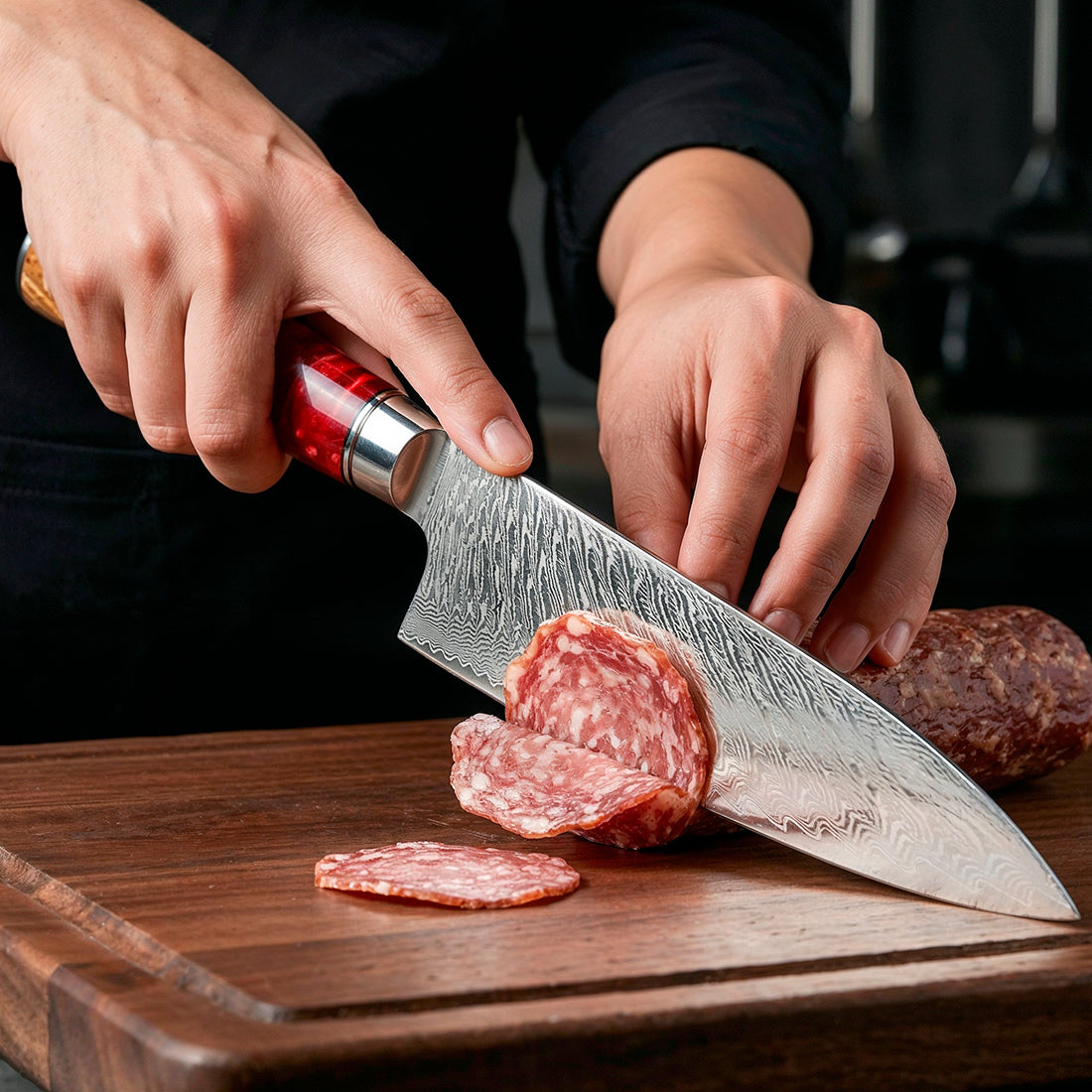 9-Piece Damascus Chef Knife Set with Red Handles VG10