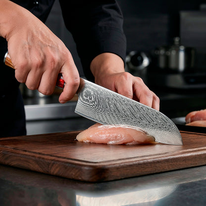 9-Piece Damascus Chef Knife Set with Red Handles VG10