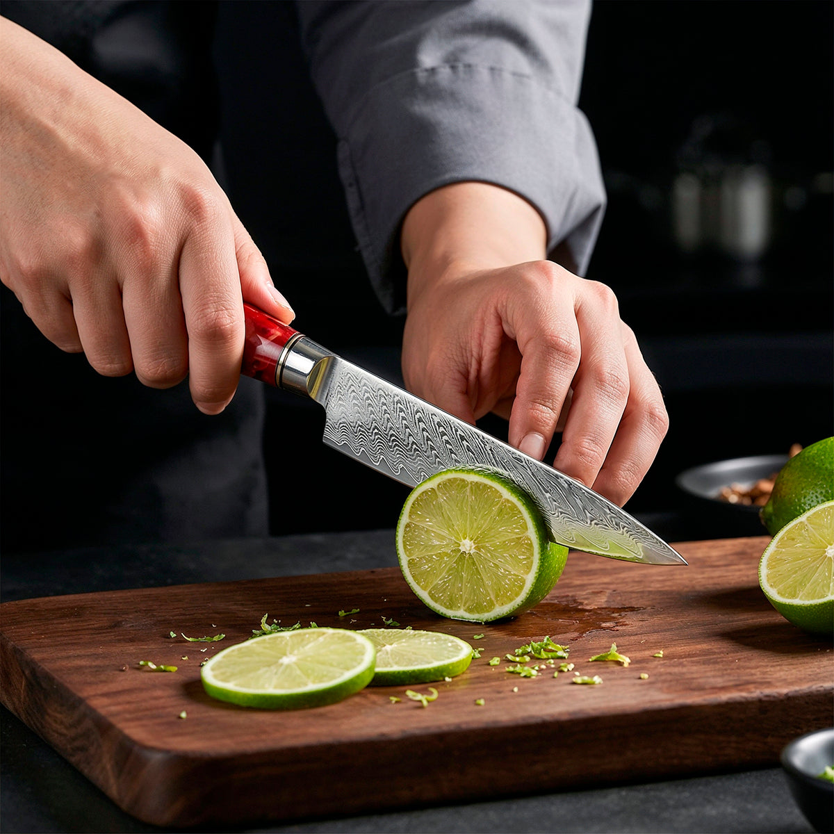 9-Piece Damascus Chef Knife Set with Red Handles VG10