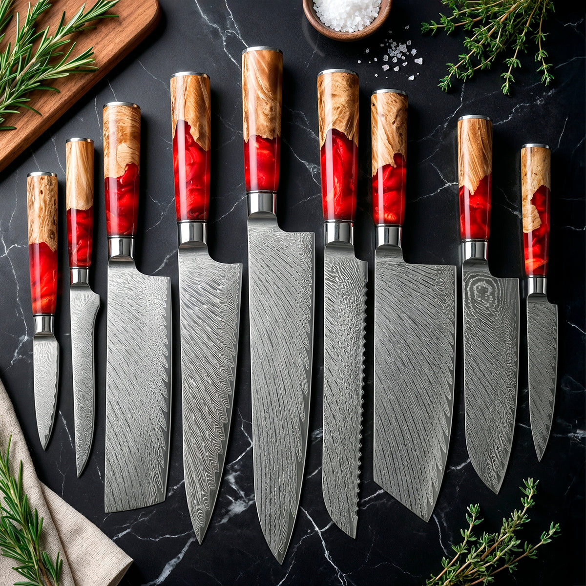 9-Piece Damascus Chef Knife Set with Red Handles VG10
