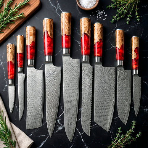 9-Piece Damascus Chef Knife Set with Red Handles VG10